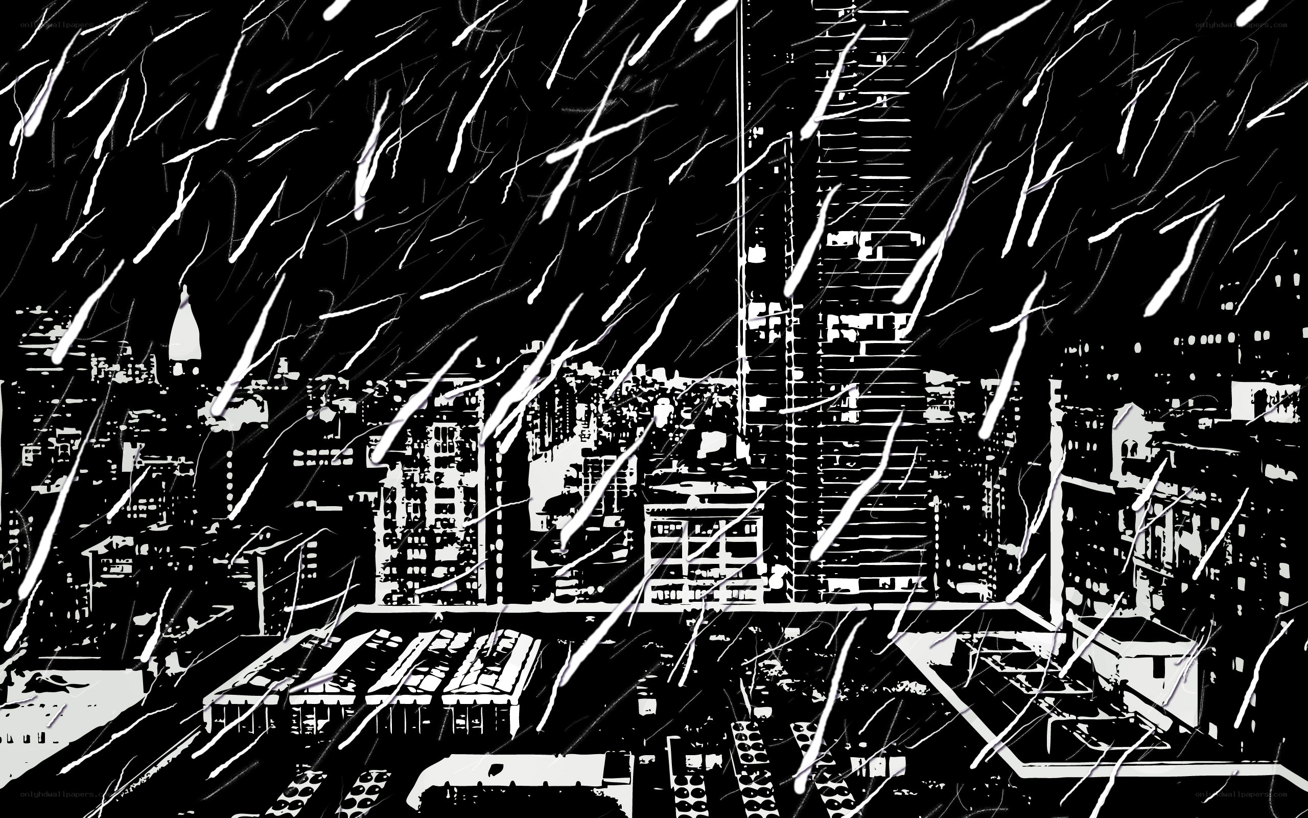 city skyline in rain