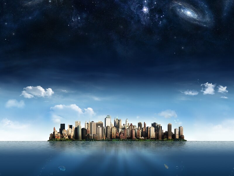 City Skyline on Island — Blue, Dramatic, Night