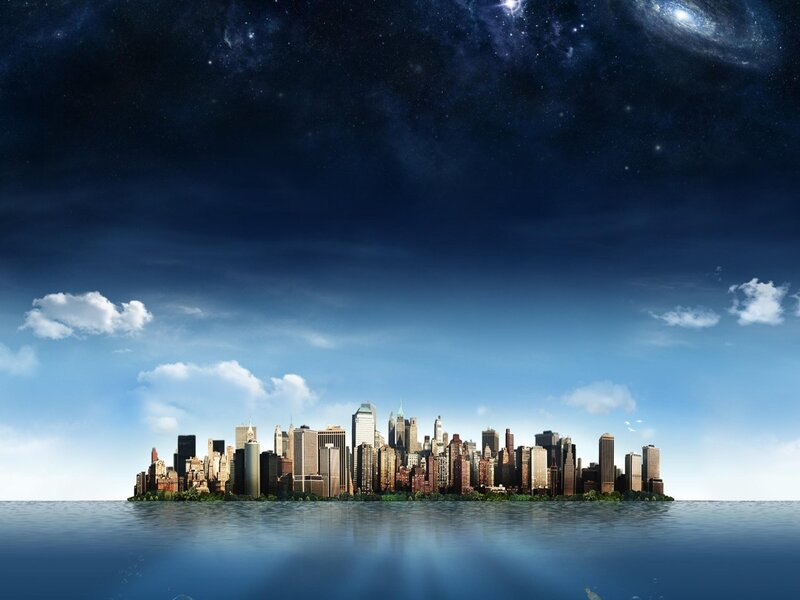 City Skyline on Island — Blue, Dramatic