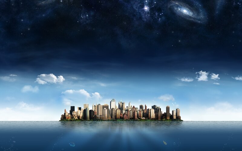 City Skyline on Island — Blue, Serene, Night, Digital Art, Sky, Clouds