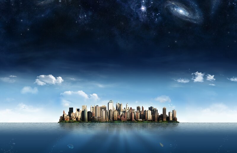 City Skyline on Island — Blue, Serene, Night