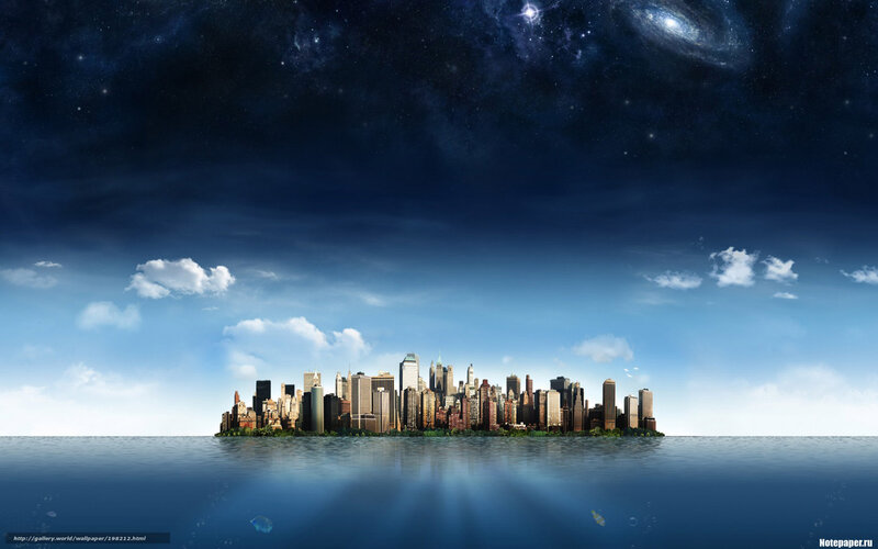 City Skyline on Island — Blue, Serene