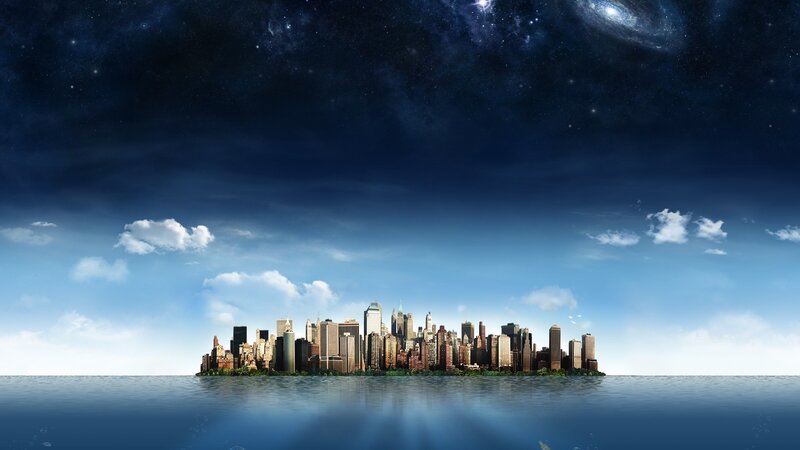City Skyline on Island — Blue