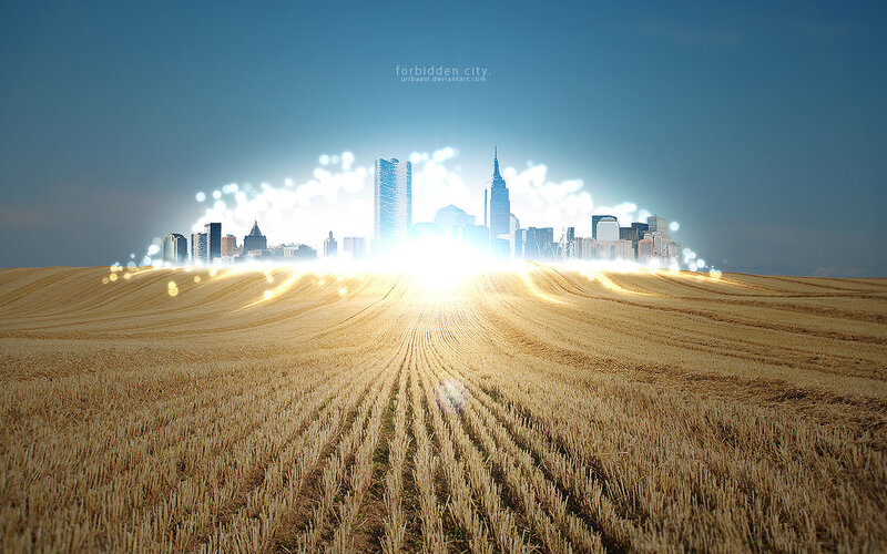 City Skyline over Field — Blue