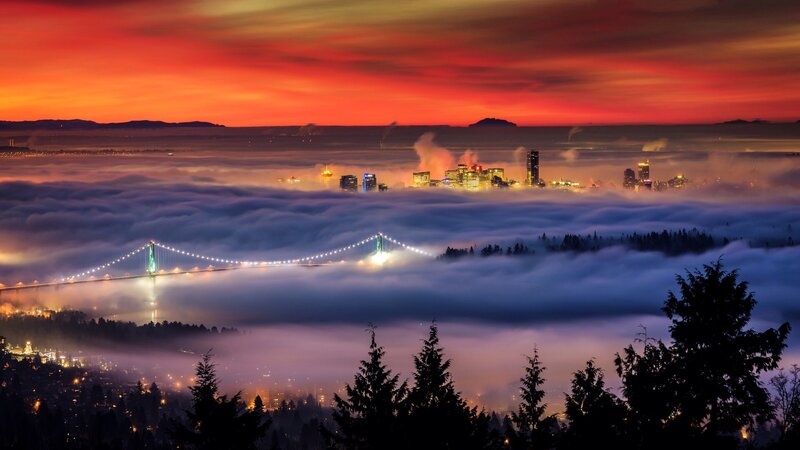 City Skyline over Fog — Red, Dramatic, Sunset, Photograph, Bridge
