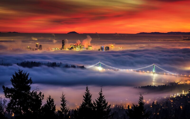 City Skyline over Fog — Red, Dramatic, Sunset, Photograph