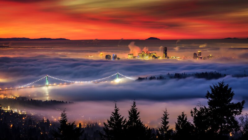 City Skyline over Fog — Red, Dramatic, Sunset
