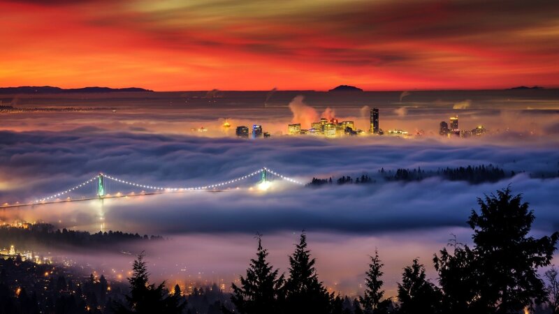 City Skyline over Fog — Red, Dramatic