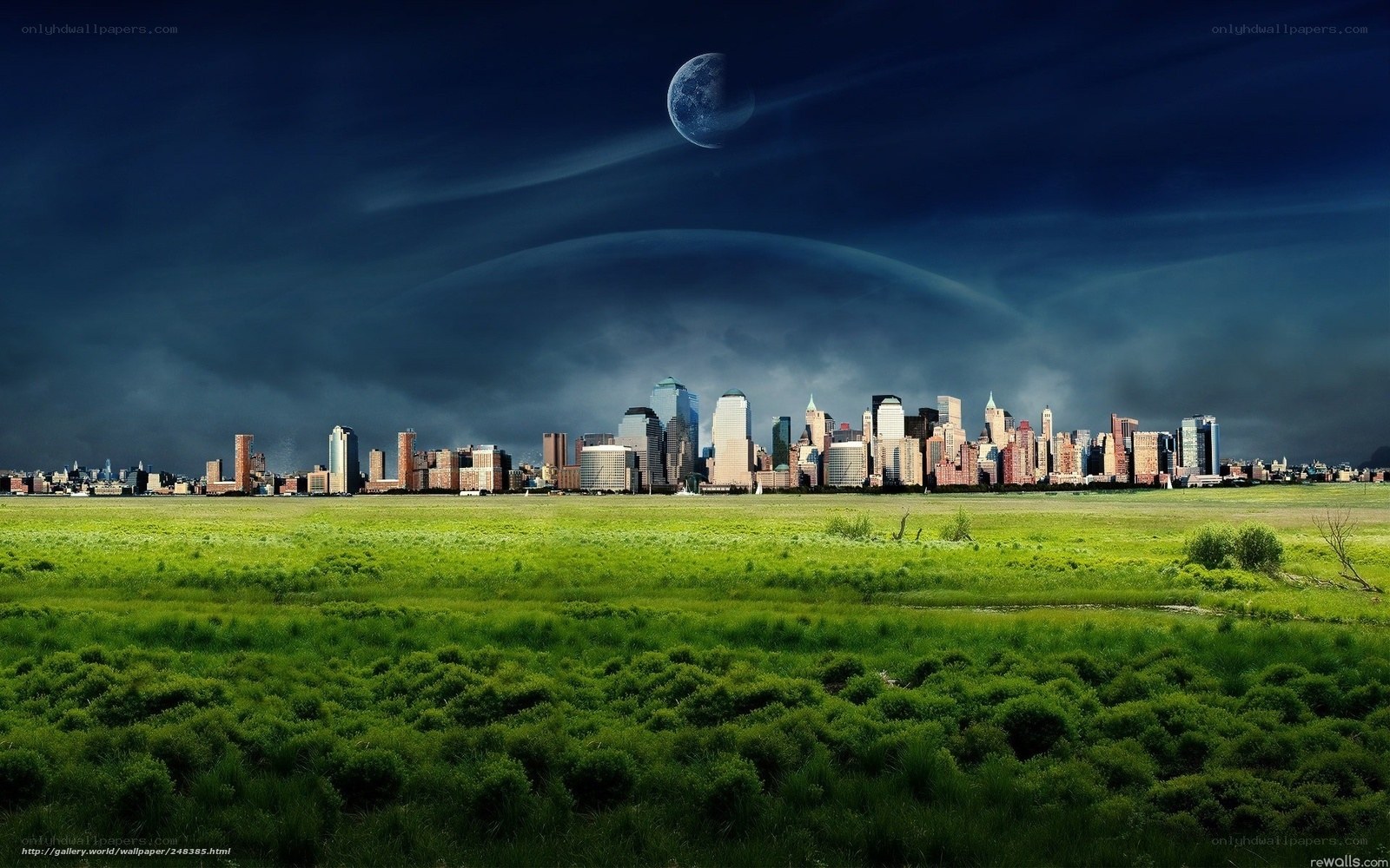 City skyline over green field