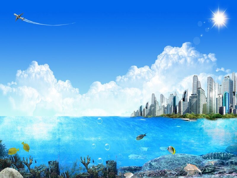 City skyline over ocean