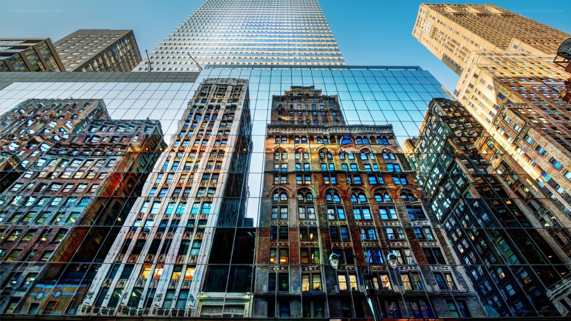 City skyline reflected in glass