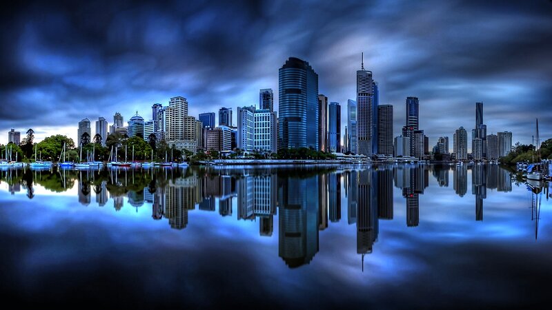 City Skyline Reflection — Blue, Dramatic
