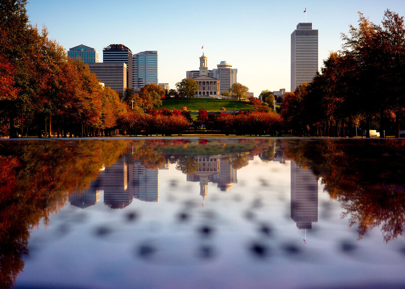 City Skyline Reflection — Blue, Serene, Autumn