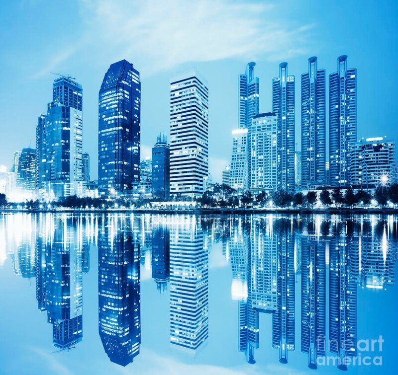 City Skyline Reflection — Blue, Serene, Night