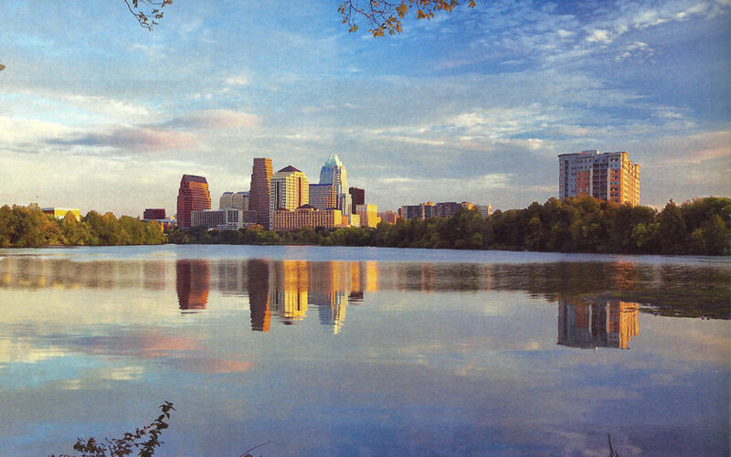 City Skyline Reflection — Blue, Serene