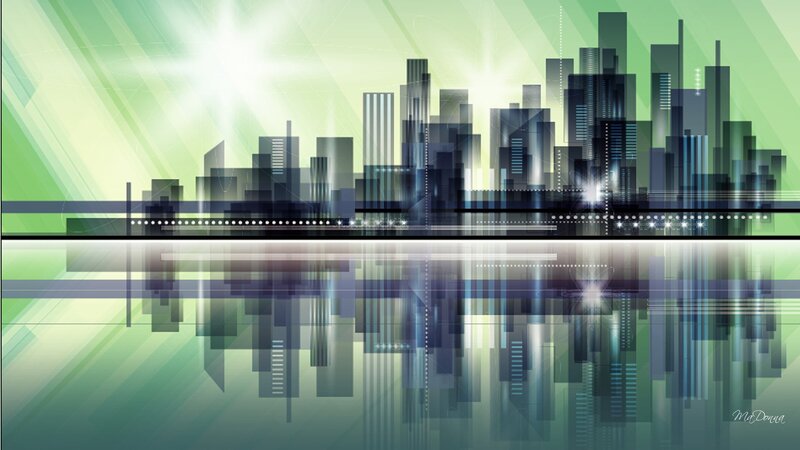 City Skyline Reflection — Green