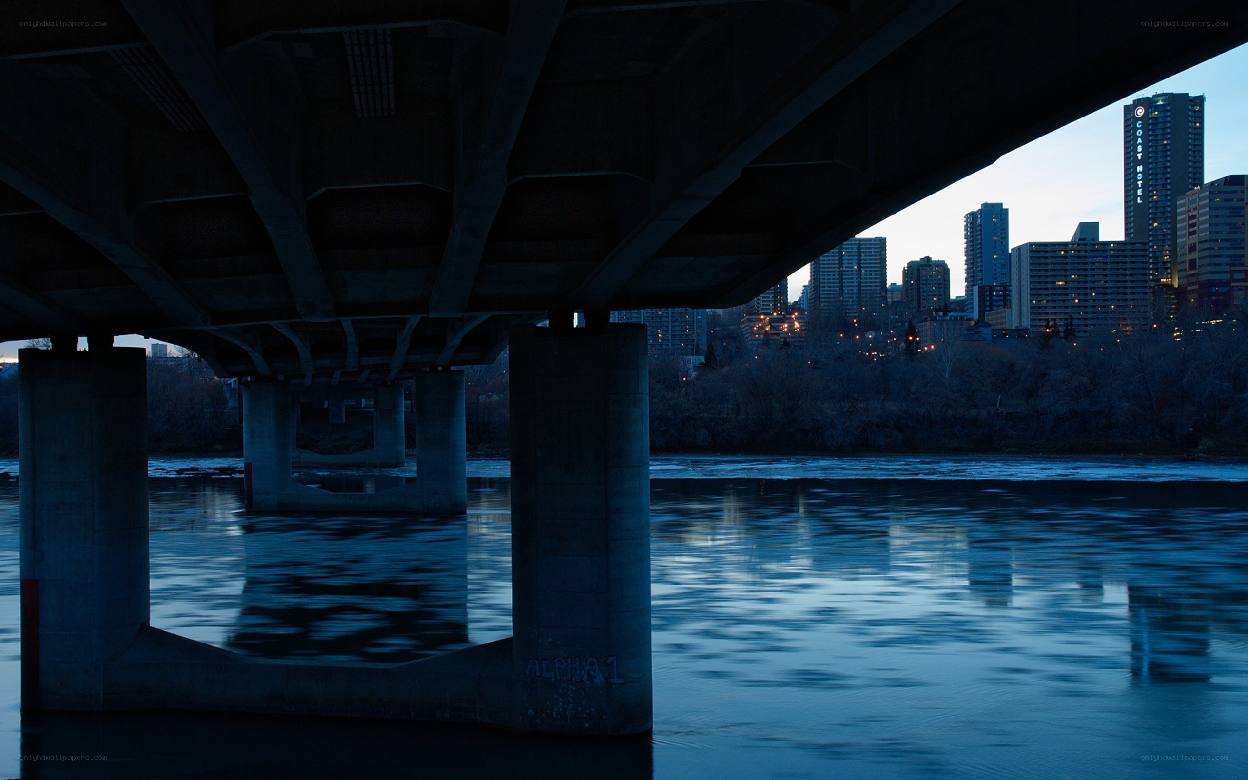 City skyline under a bridge
