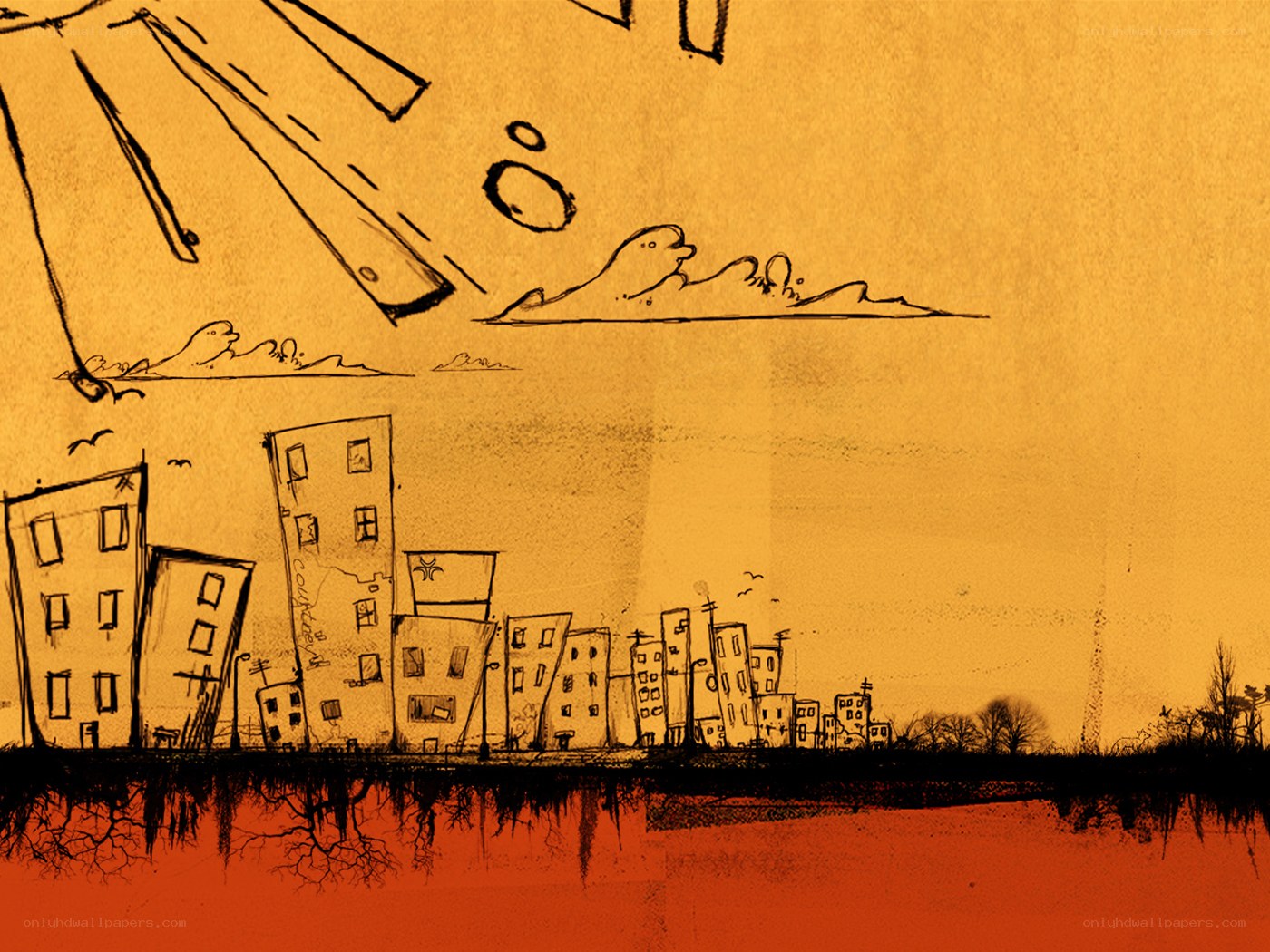 City skyline under a large sun