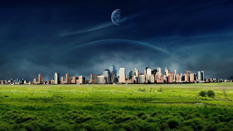 City skyline under alien moon
