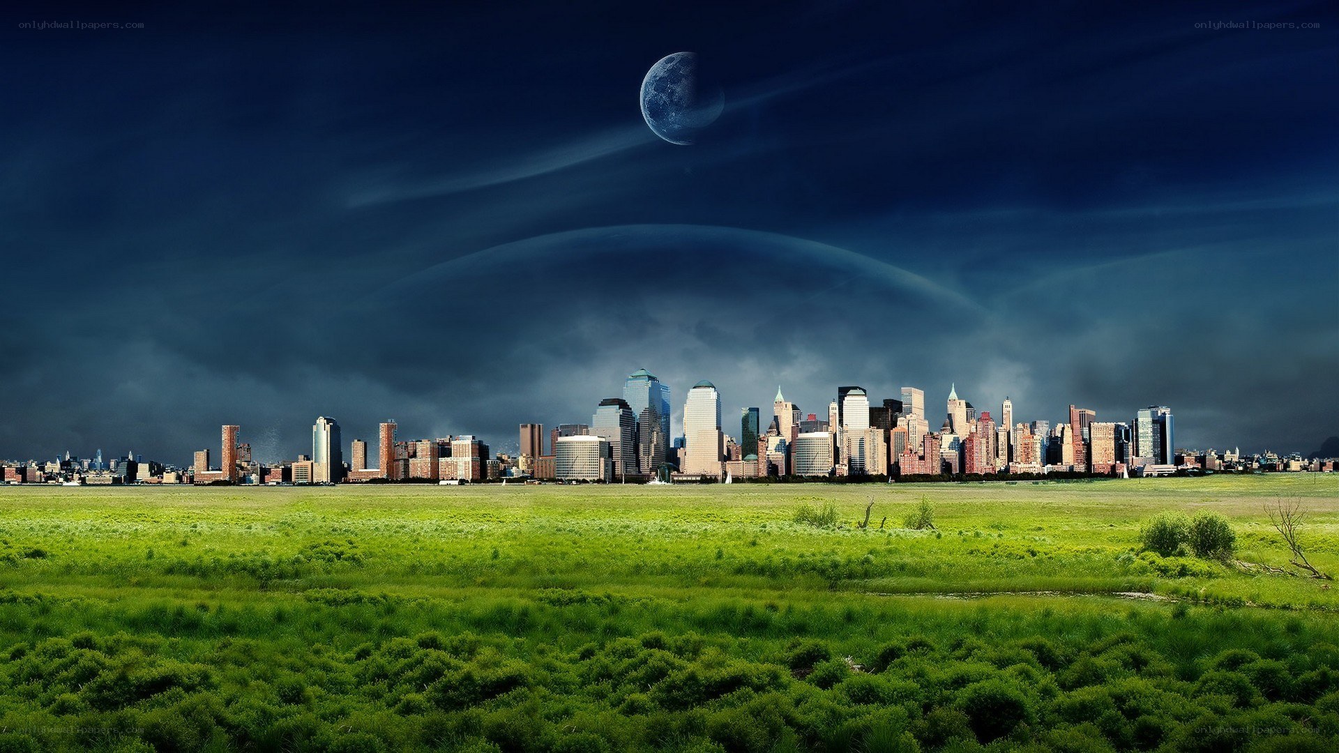 City skyline under alien moon