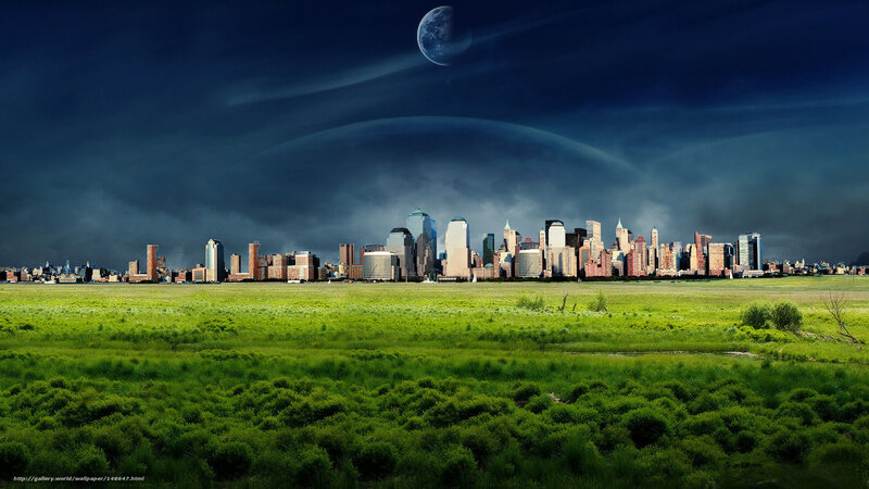 City skyline under alien moon