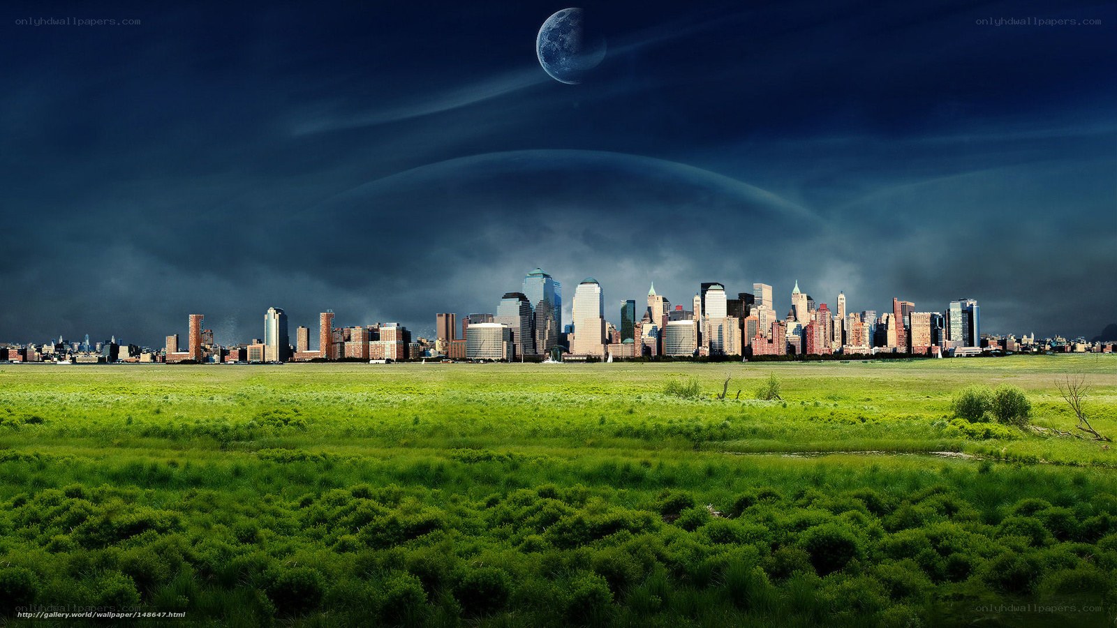 City skyline under alien moon