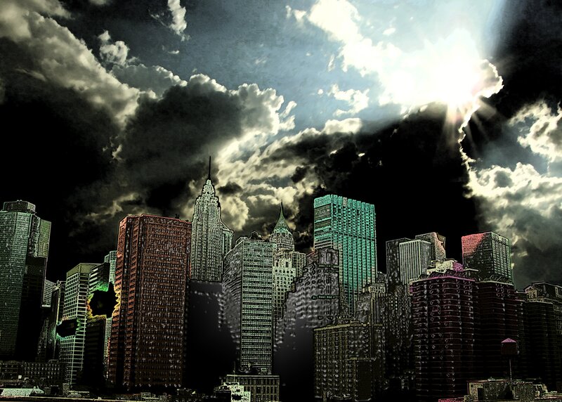city skyline under dramatic sky