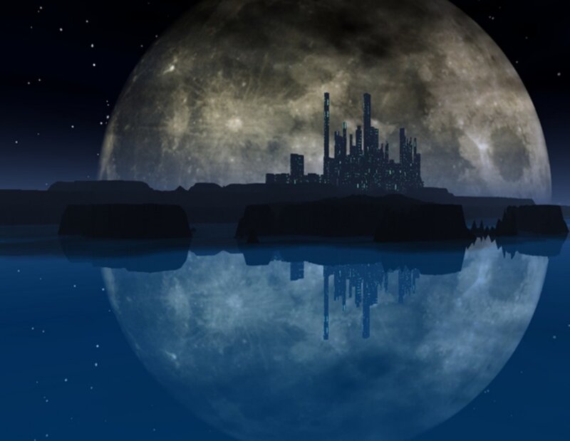 city skyline under giant moon
