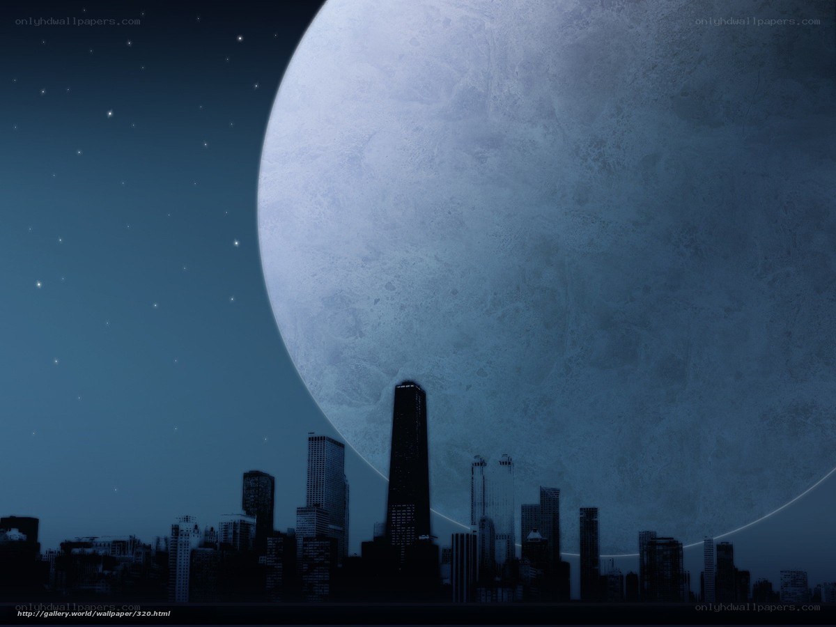 City skyline under giant moon