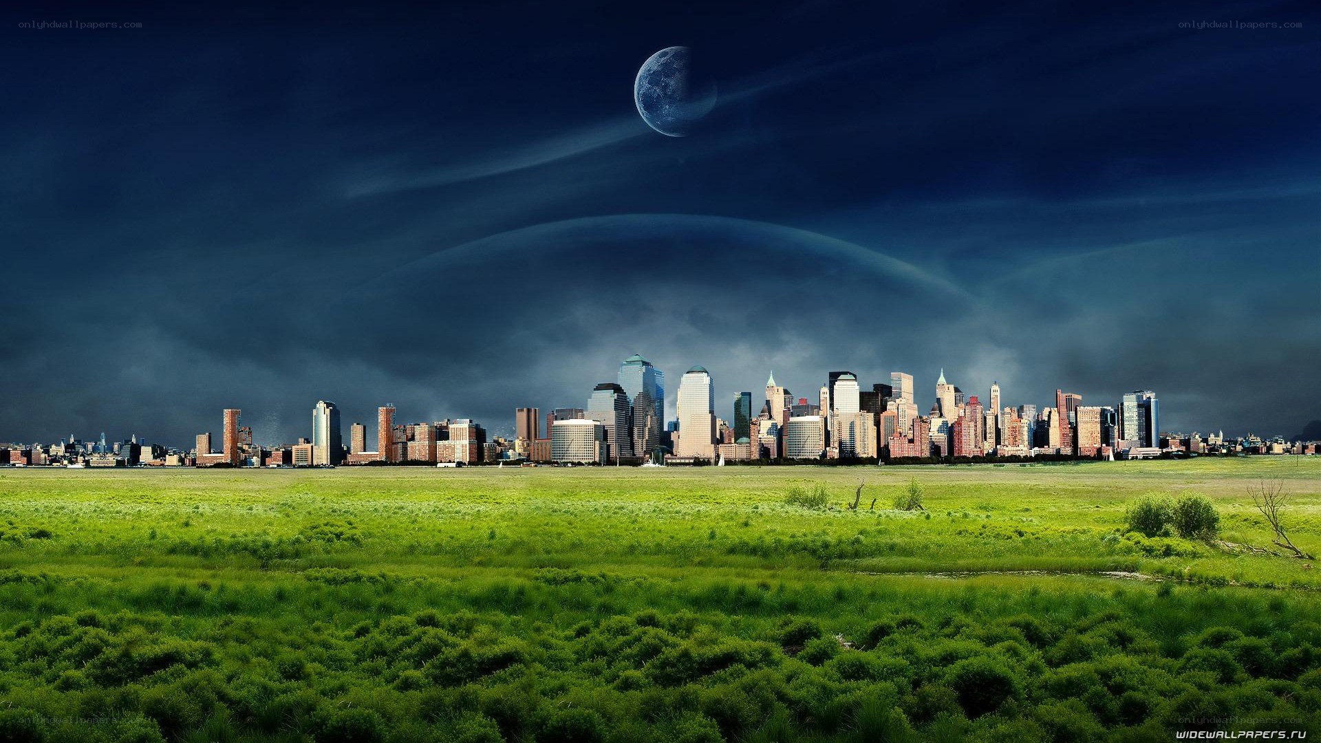 City skyline under moonlit sky