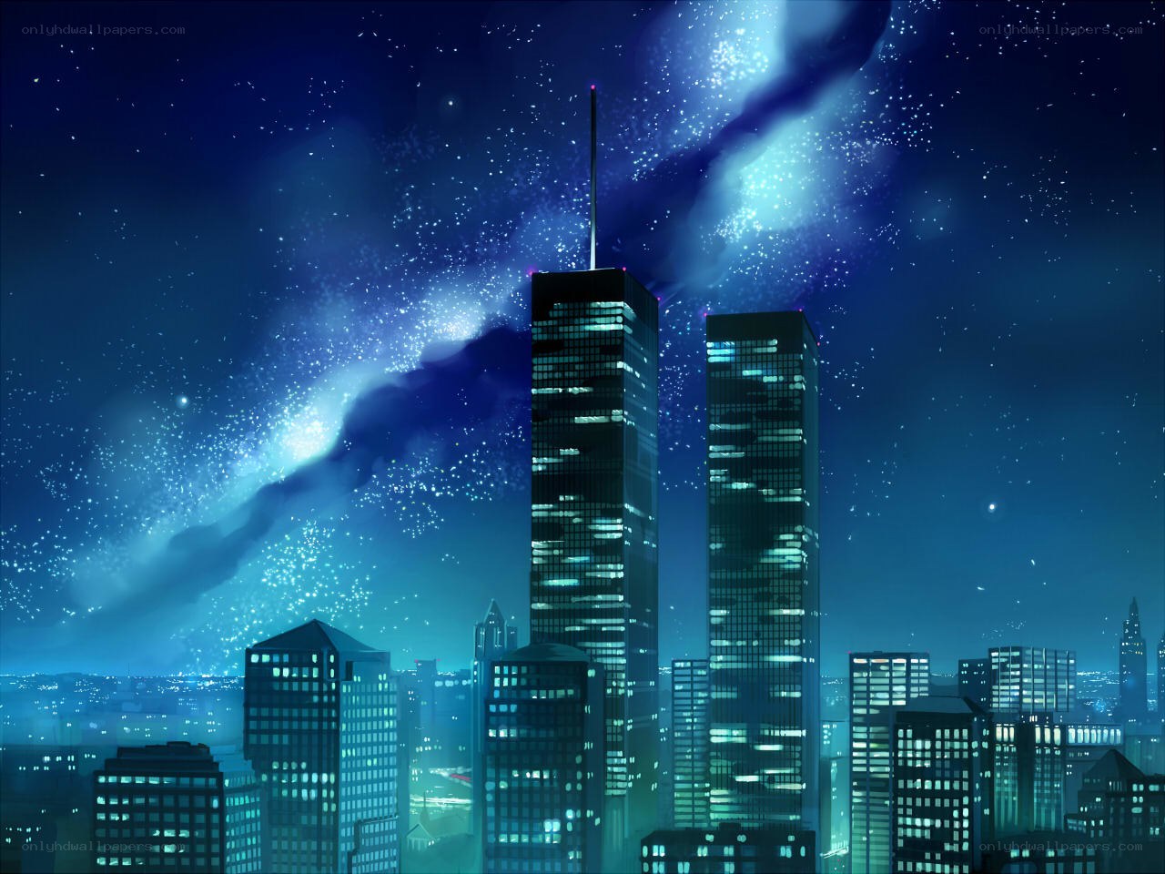 City skyline under starry sky