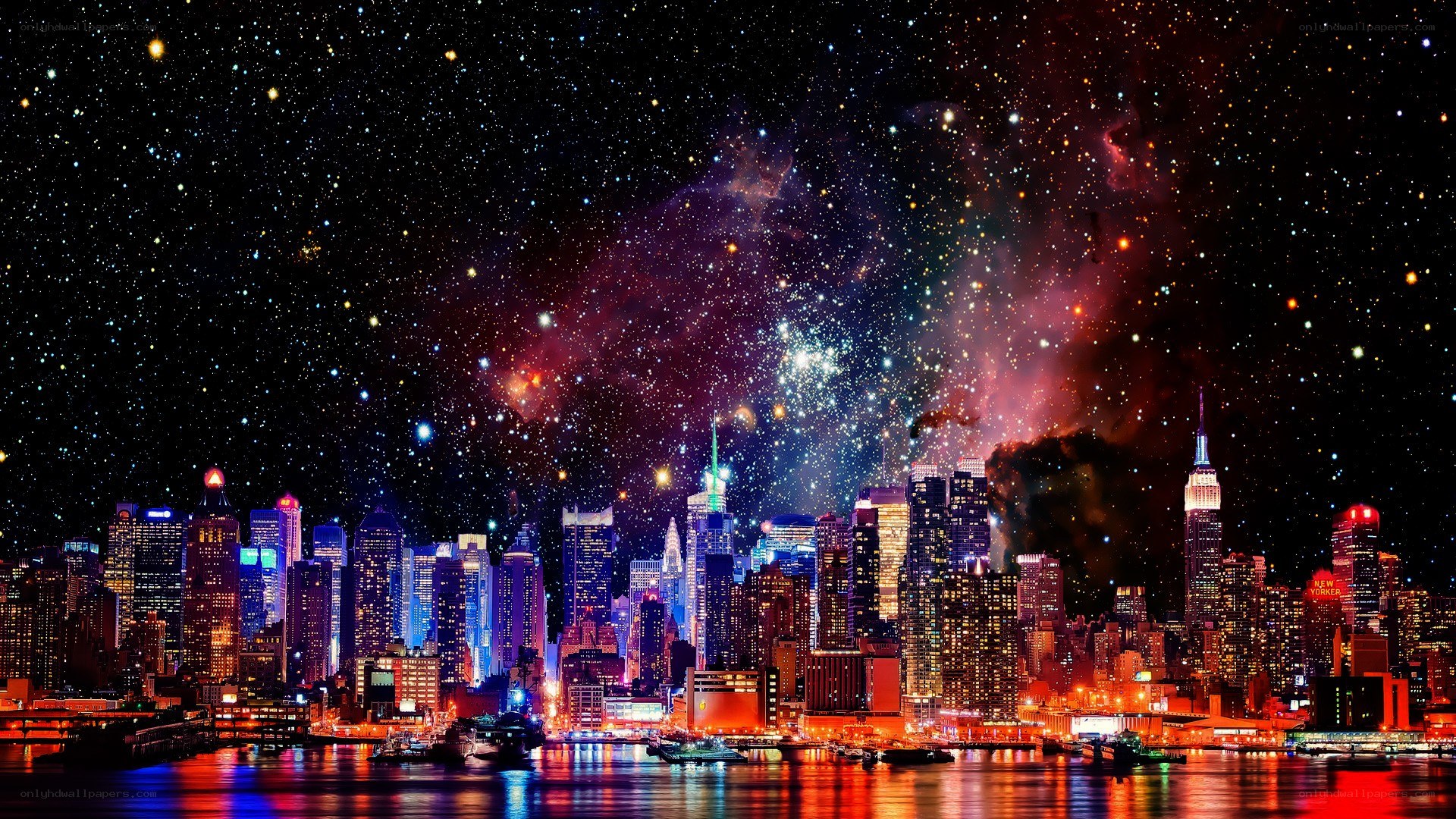 city skyline under starry sky