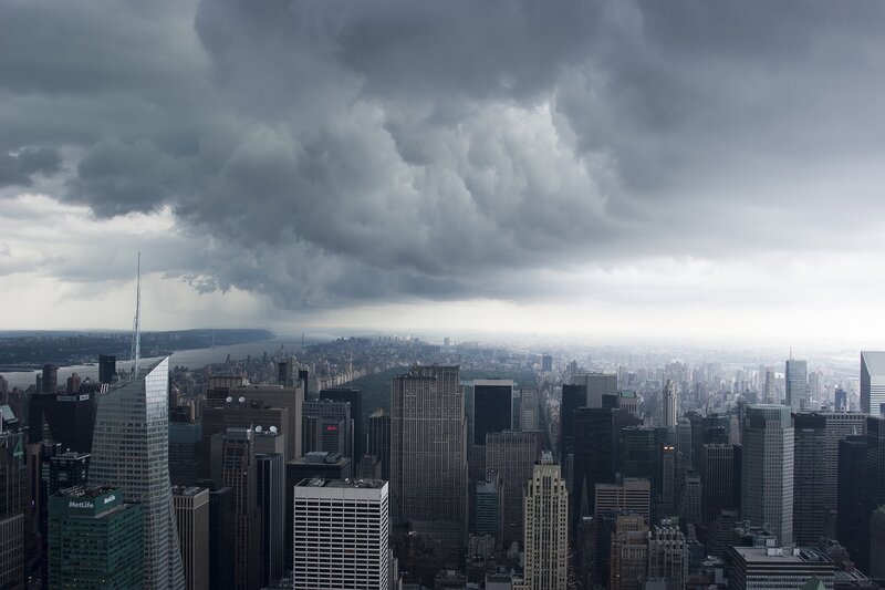 City Skyline under Storm Clouds — Gray, Dramatic, Afternoon, Photograph, Skyscrapers, River, White, Black