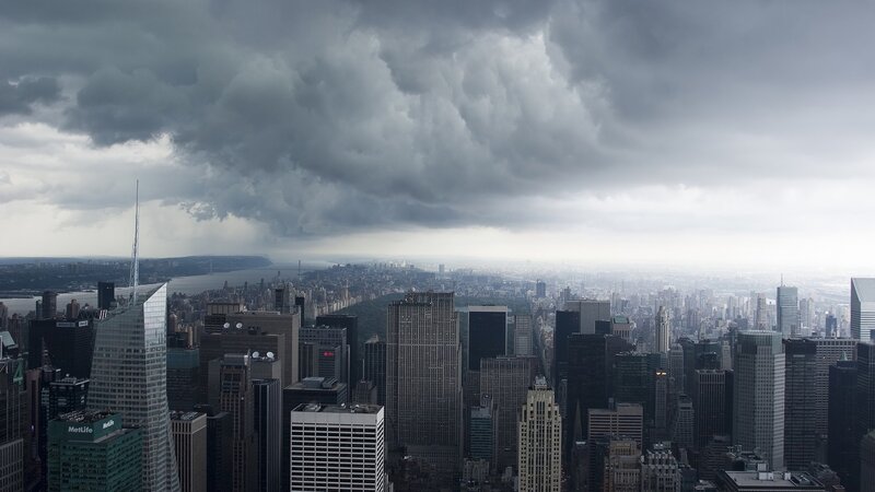 City Skyline under Storm Clouds — Gray, Dramatic, Afternoon, Photograph