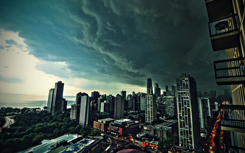 City Skyline under Storm Clouds — Gray, Dramatic, Night, Photograph