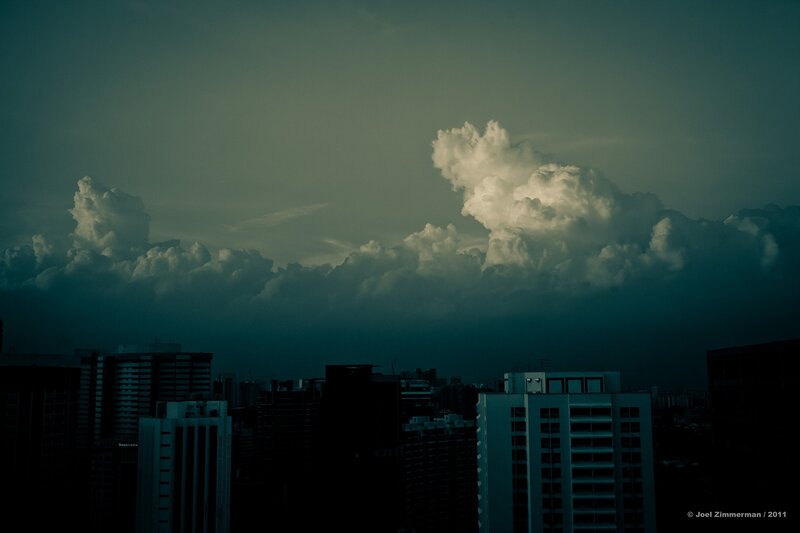City Skyline under Storm Clouds — Gray, Dramatic, Night