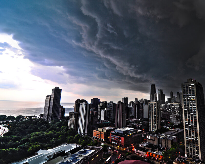 City Skyline under Storm Clouds — Gray, Dramatic, Sunset, Photograph, Skyscrapers, Lake, Trees, Blue