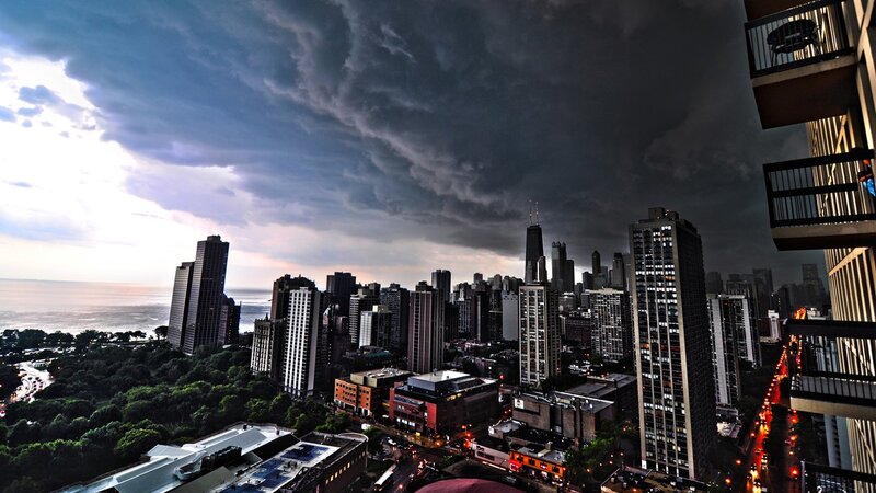 City Skyline under Storm Clouds — Gray, Dramatic, Sunset, Photograph