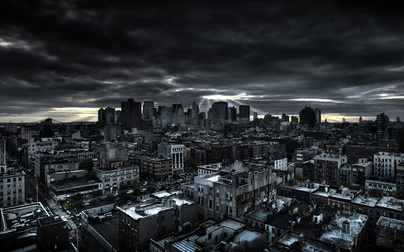 City Skyline under Stormy Sky — Black, Dramatic, Sunset