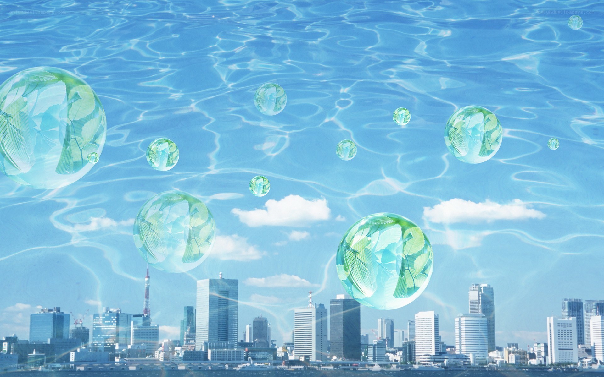 city skyline under water bubbles