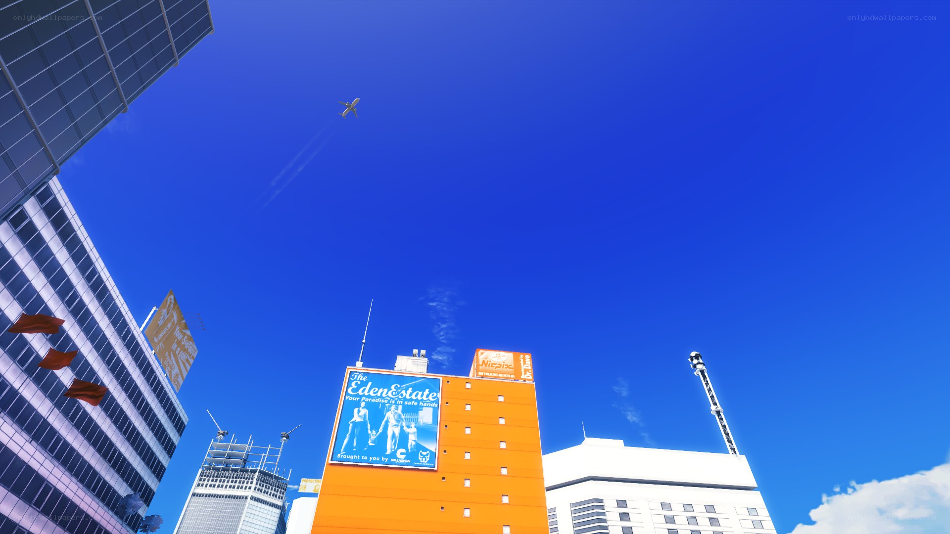 City skyline with airplane