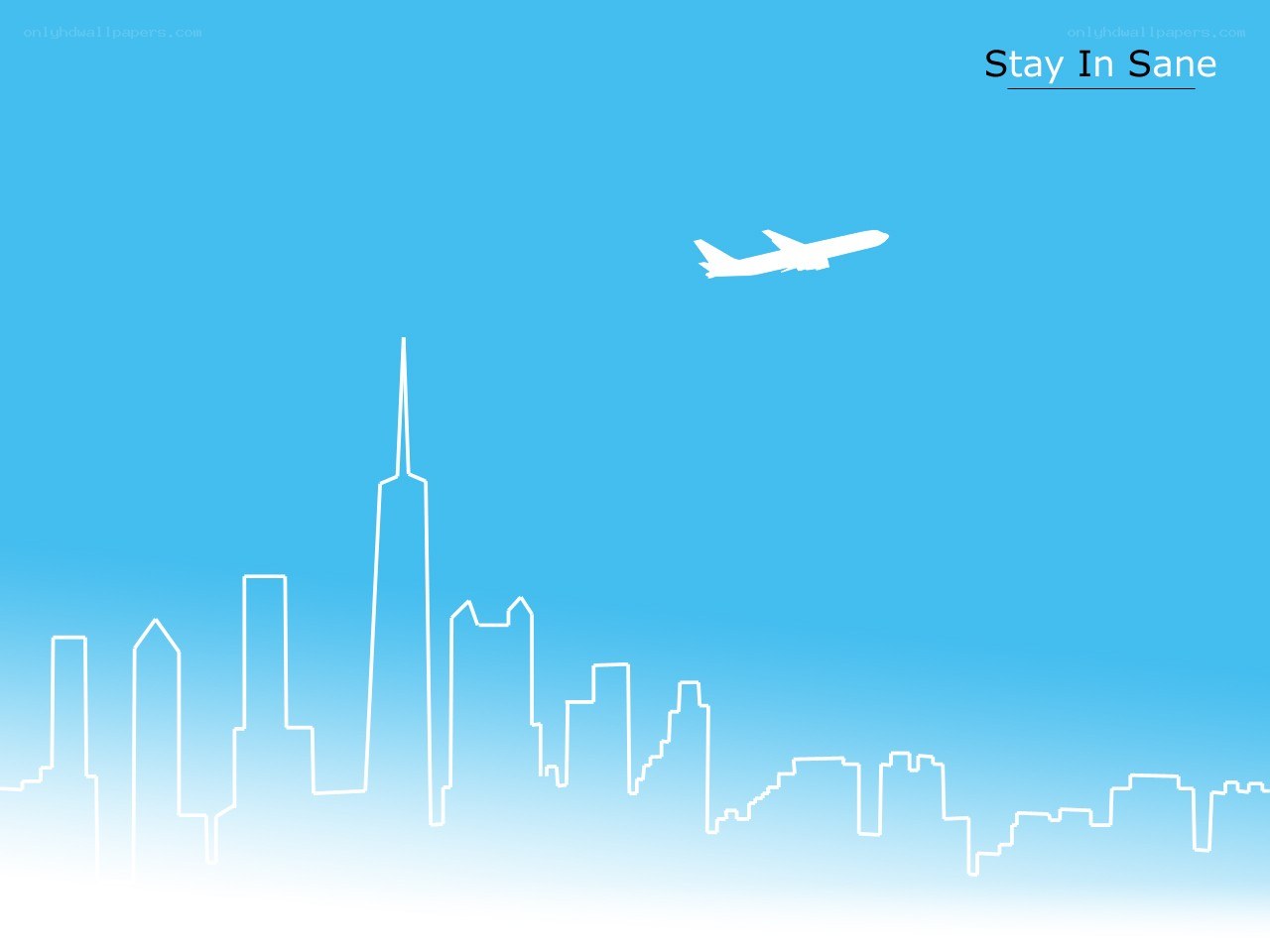 City skyline with airplane