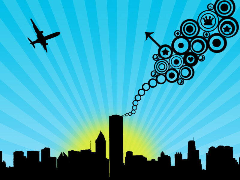 City skyline with airplane and icons