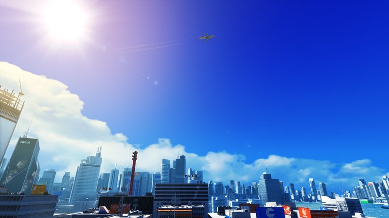 City skyline with airplane