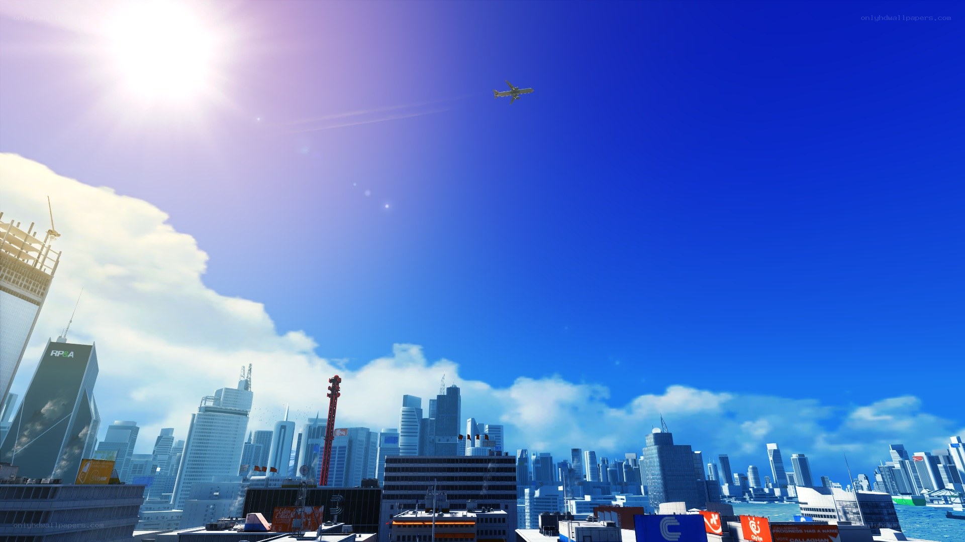 City skyline with airplane