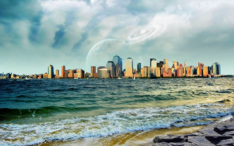 City skyline with alien planet