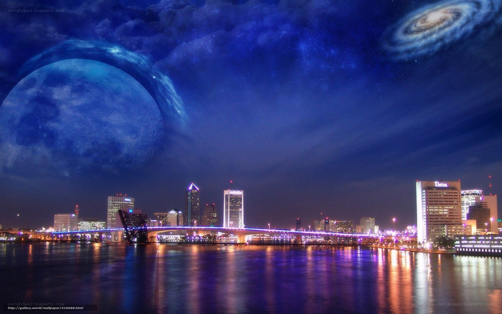 City skyline with alien sky