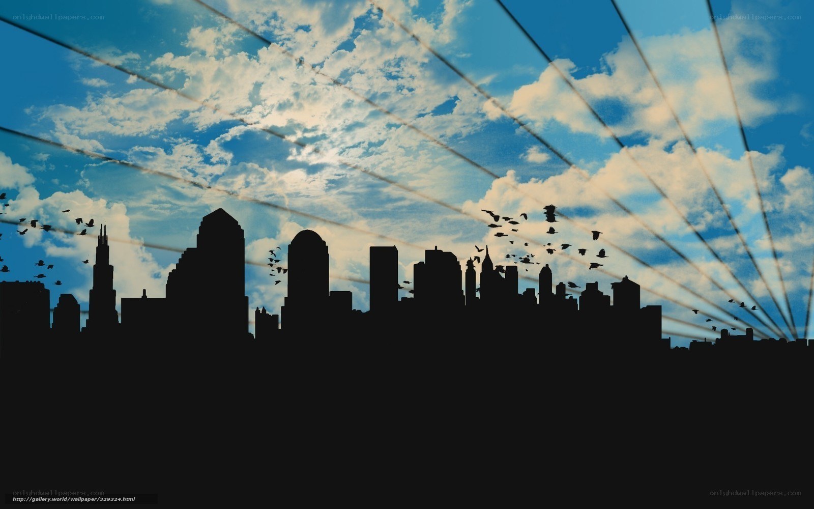 City skyline with birds and wires
