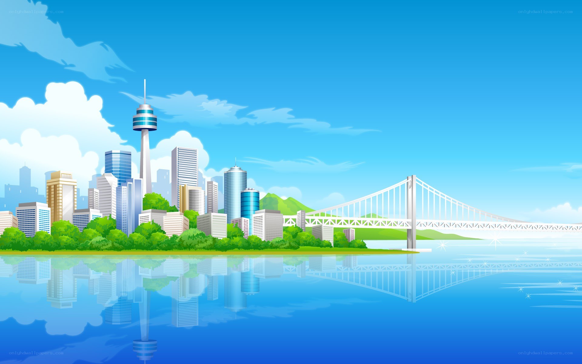 city skyline with bridge