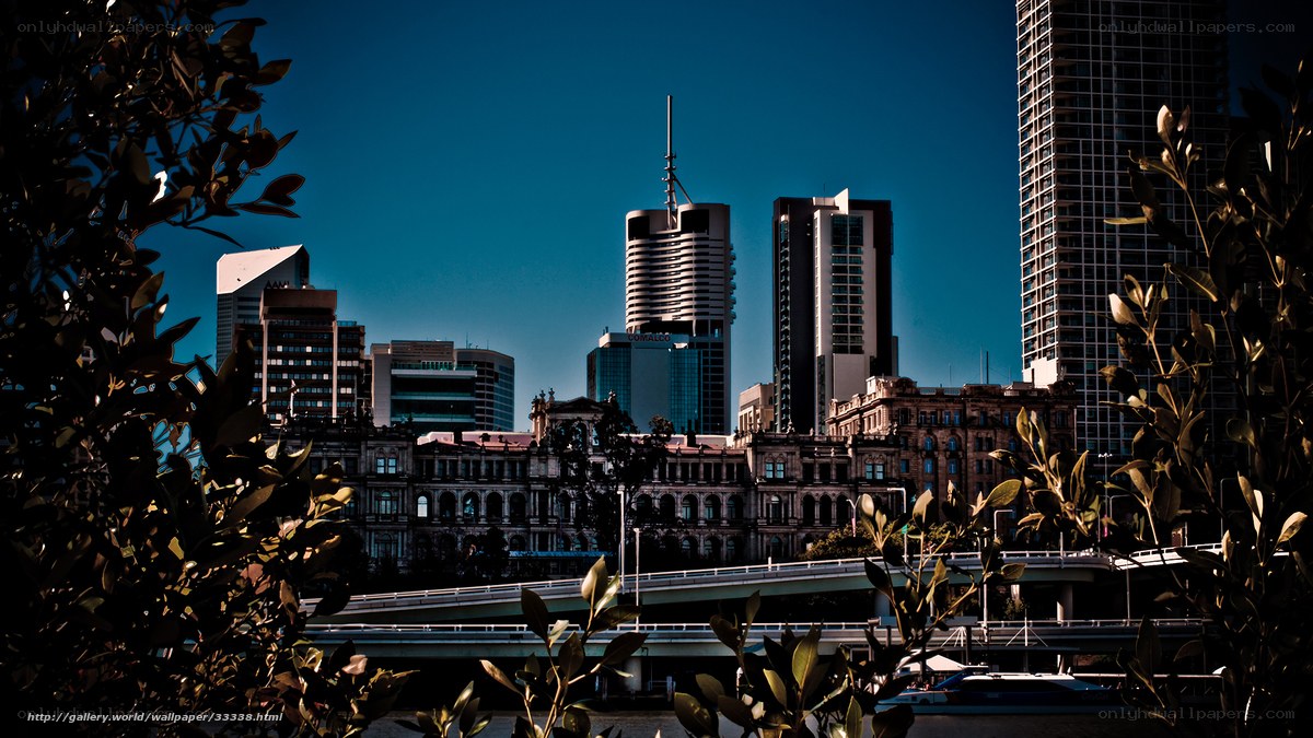 City skyline with bridge and foliage